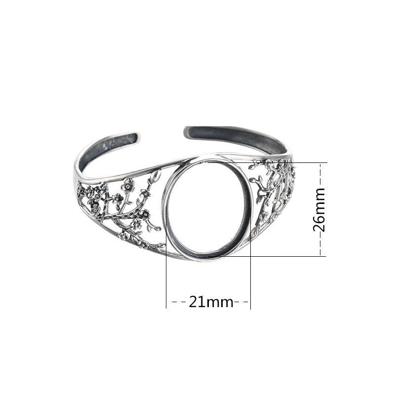 Ethnic Flower Branch Oval Mount Bracelet No Prongs Setting Sterling Silver Fine 925 26x21mm For One Stone Adjustable DIY Jewelry Wholesale