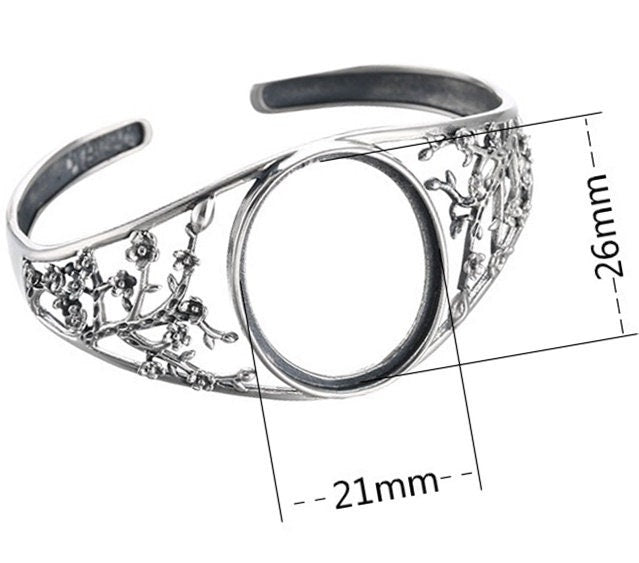 Ethnic Flower Branch Oval Mount Bracelet No Prongs Setting Sterling Silver Fine 925 26x21mm For One Stone Adjustable DIY Jewelry Wholesale