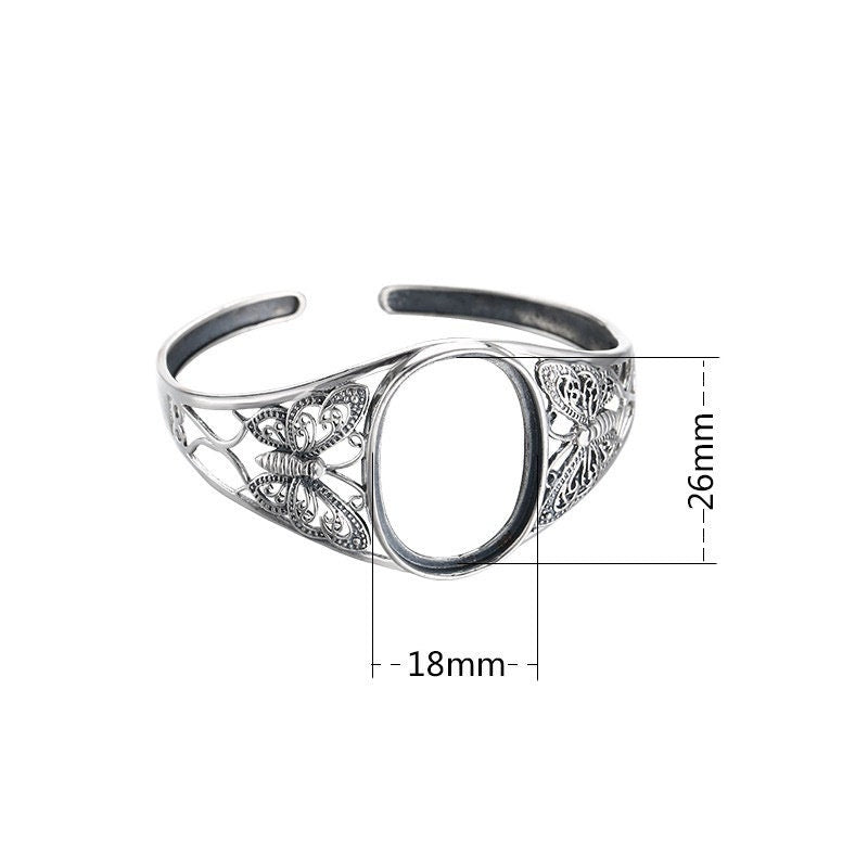 Ethnic Butterfly Oval Mount Bracelet Setting Fine 925 Sterling Silver Adjustable 26x18mm For One Stone No Prongs DIY Jewelry Wholesale