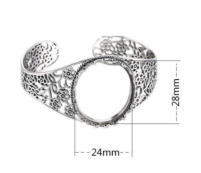 Ethnic Flower Oval Mount Bracelet Blank Setting Sterling Silver Fine 925 28x24mm For One Stone Adjustable No Prongs DIY Jewelry Wholesale