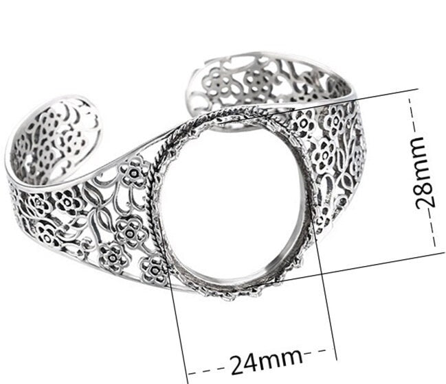 Ethnic Flower Oval Mount Bracelet Blank Setting Sterling Silver Fine 925 28x24mm For One Stone Adjustable No Prongs DIY Jewelry Wholesale