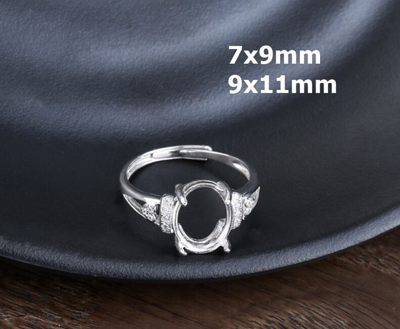 Ring Blank Setting 1pc Sterling Silver 925 Crystals Oval Base Four Prongs White Gold Fine 7x9mm 9x11mm For One Stone Adjustable Wholesale