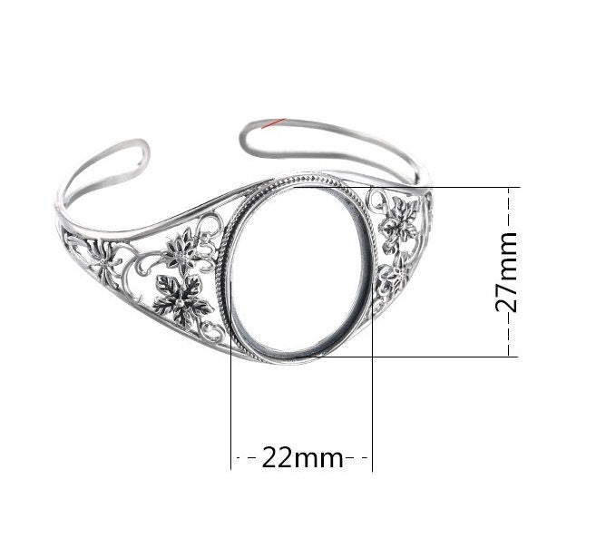 Ethnic Flower Oval Mount Bracelet Setting Bulk Sterling Silver Fine 925 27x22mm For One Stone Adjustable No Prongs DIY Jewelry Wholesale