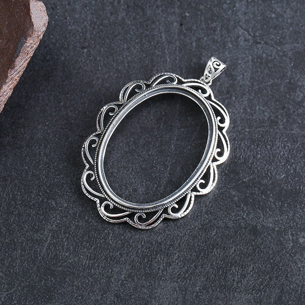 Retro Ethnic Flowers Oval Base Pendant Setting Sterling Silver Fine 925 26x36mm For One Stone Gemstone No Prongs DIY Jewelry Wholesale