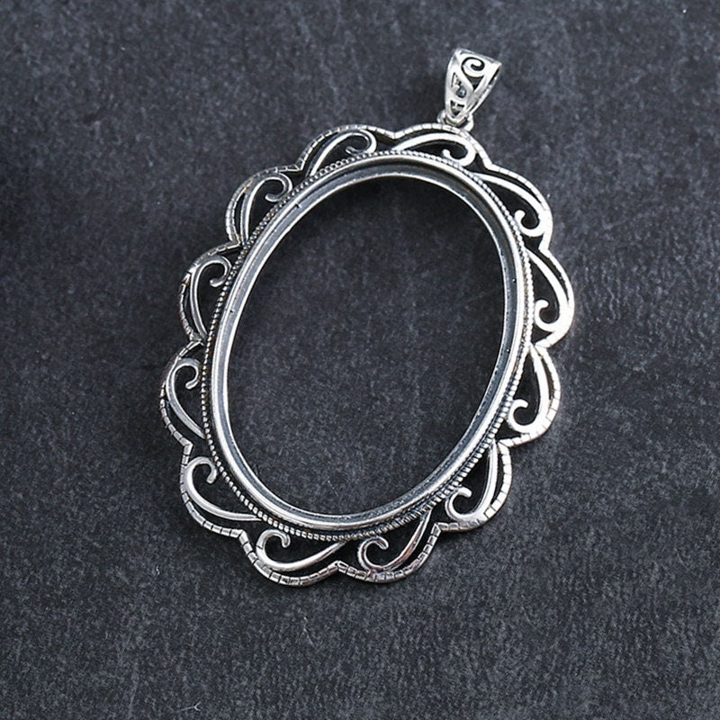 Retro Ethnic Flowers Oval Base Pendant Setting Sterling Silver Fine 925 26x36mm For One Stone Gemstone No Prongs DIY Jewelry Wholesale