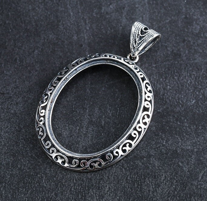 Retro Ethnic Flowers Oval Base Pendant Blank Setting Sterling Silver Fine 925 24x32mm For One Stone Gemstone No Prongs DIY Jewelry Wholesale