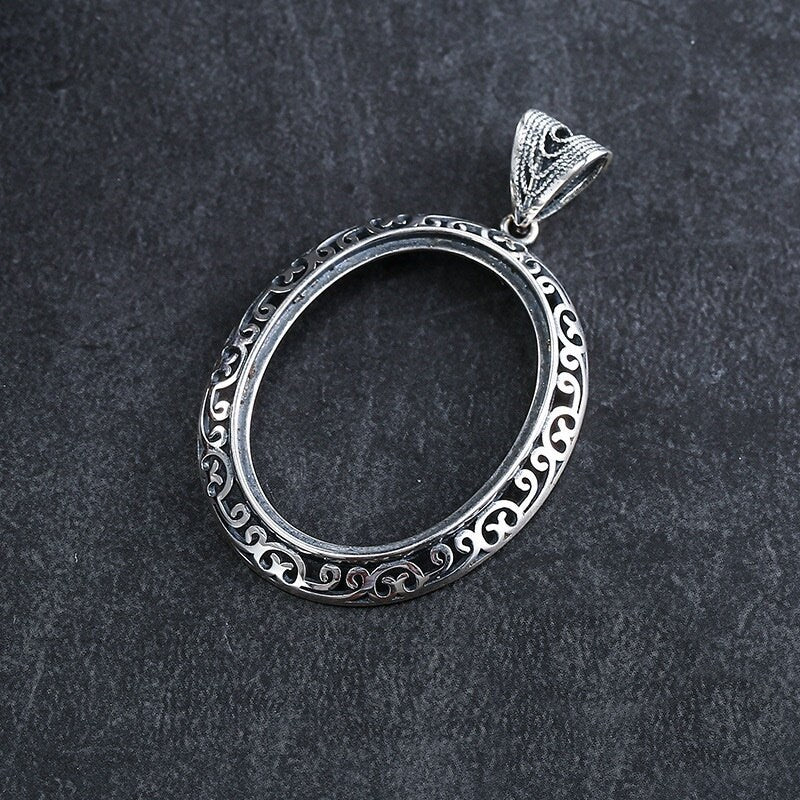 Retro Ethnic Flowers Oval Base Pendant Blank Setting Sterling Silver Fine 925 24x32mm For One Stone Gemstone No Prongs DIY Jewelry Wholesale