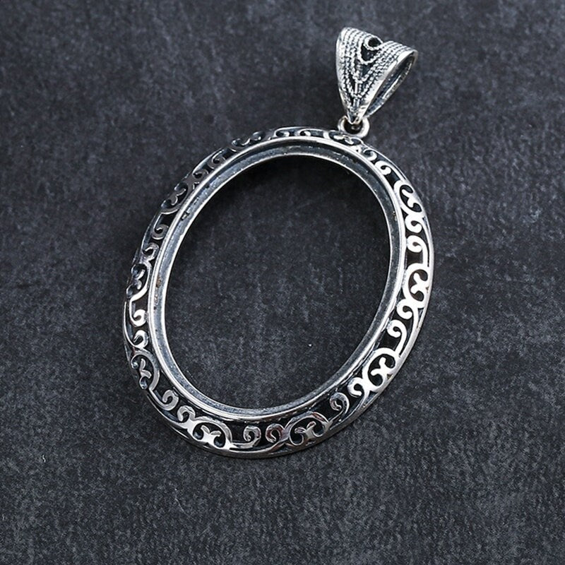 Retro Ethnic Flowers Oval Base Pendant Blank Setting Sterling Silver Fine 925 24x32mm For One Stone Gemstone No Prongs DIY Jewelry Wholesale