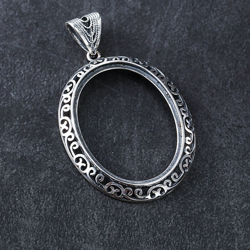 Retro Ethnic Flowers Oval Base Pendant Blank Setting Sterling Silver Fine 925 24x32mm For One Stone Gemstone No Prongs DIY Jewelry Wholesale