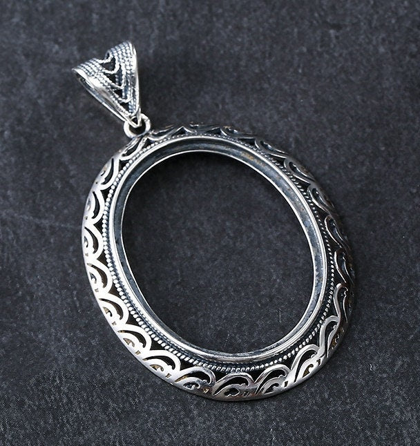 Retro Ethnic Pattern Oval Base Pendant Setting Tray Sterling Silver Fine 925 23x30mm For One Stone Gemstone No Prongs DIY Jewelry Wholesale