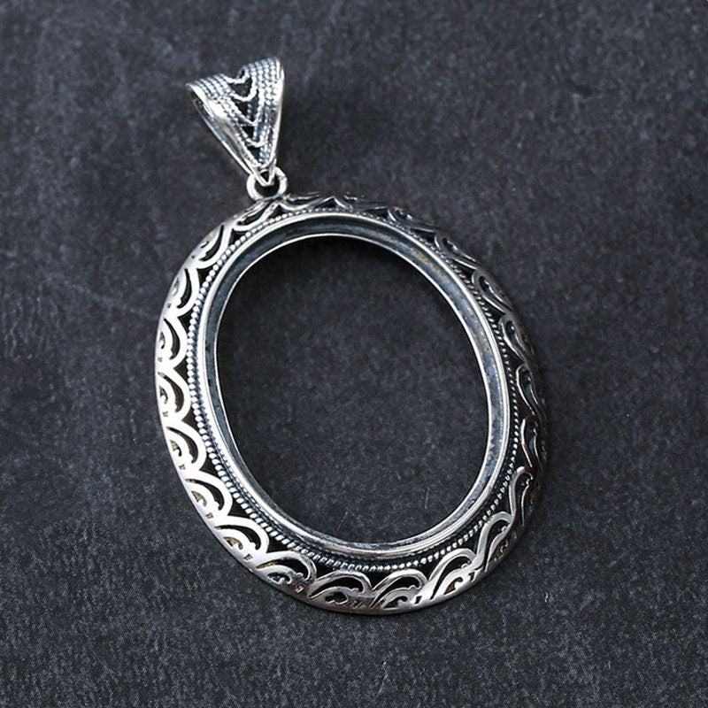 Retro Ethnic Pattern Oval Base Pendant Setting Tray Sterling Silver Fine 925 23x30mm For One Stone Gemstone No Prongs DIY Jewelry Wholesale