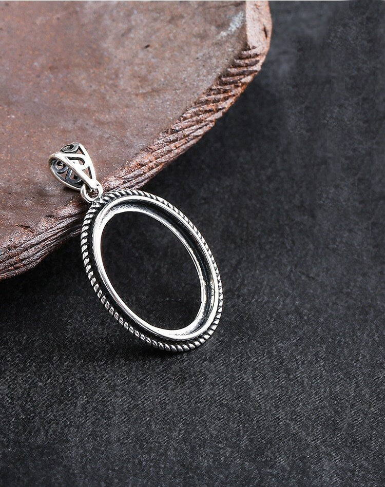 Ethnic Vintage Oval Base Pendant Setting Tray Bezel 925 Sterling Silver Fine 15x20 mm For One Stone Cabochon No Prongs DIY Jewelry Wholesale