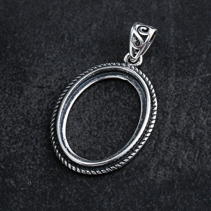 Ethnic Vintage Oval Base Pendant Setting Tray Bezel 925 Sterling Silver Fine 15x20 mm For One Stone Cabochon No Prongs DIY Jewelry Wholesale