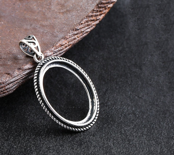 Ethnic Vintage Oval Base Pendant Setting Tray Bezel 925 Sterling Silver Fine 15x20 mm For One Stone Cabochon No Prongs DIY Jewelry Wholesale