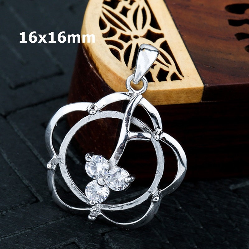 Flower Round Base Pendant Setting Fine Sterling Silver White Gold 925 16x16mm For One Stone Gemstone Five Prongs DIY Jewelry Wholesale