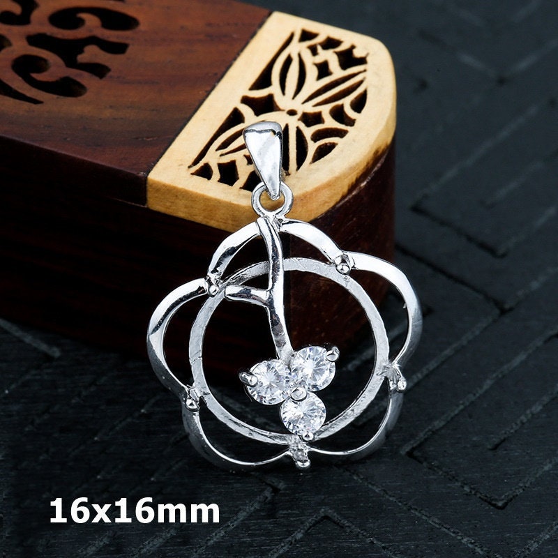 Flower Round Base Pendant Setting Fine Sterling Silver White Gold 925 16x16mm For One Stone Gemstone Five Prongs DIY Jewelry Wholesale