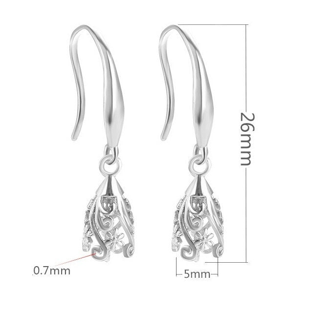 Openwork Bell Cup Pin Earrings Hook Setting Fine Sterling Silver White Gold 925 5 mm For One Pearl Bead No Prongs DIY Jewelry Wholesale