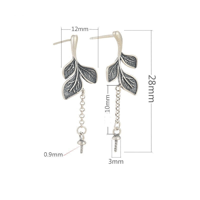 Vintage Leaf Chain Cup Pin Earrings Hook Setting Base Sterling Silver Gold Fine 925 5-10 mm For One Pearl No Prongs DIY Jewelry Wholesale