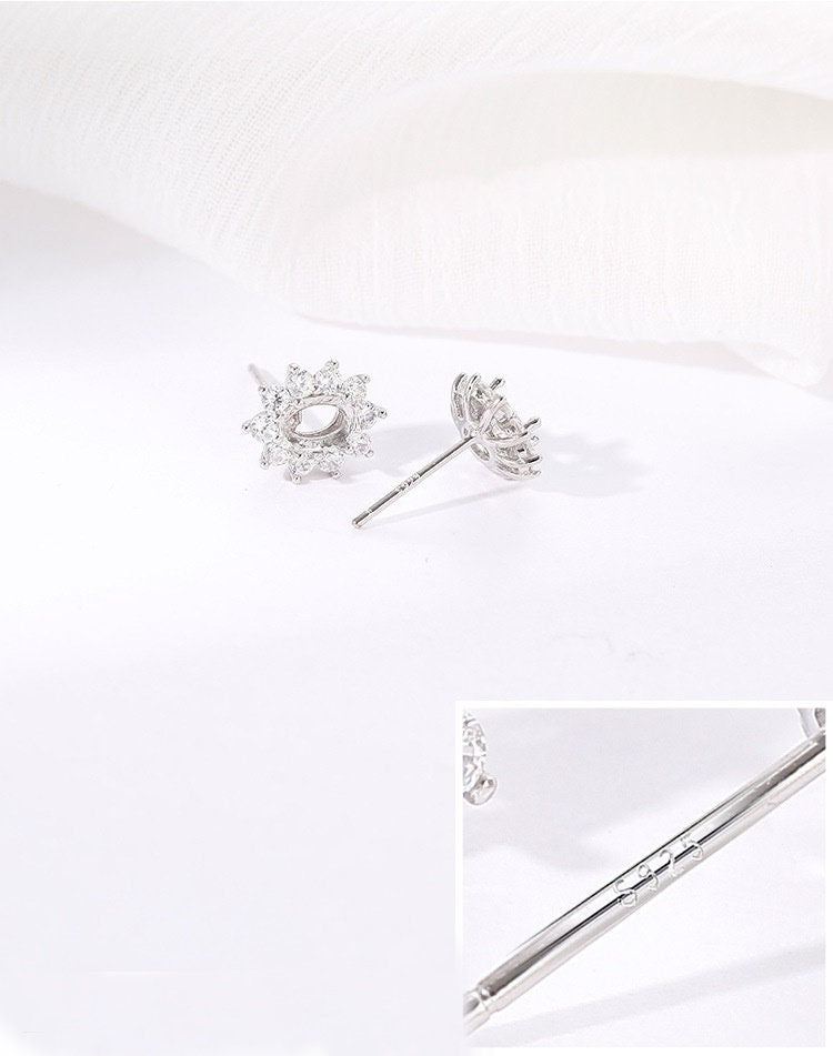 Crystals Snowflake Oval Base Stud Earrings Setting Sterling Silver White Gold Fine 925 4x6mm For One Stone Four Prongs DIY Jewelry Wholesale