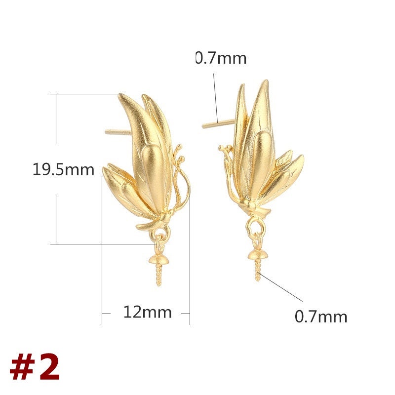 Butterfly Chain Cup Pin Earrings Stud Setting Sterling Silver Gold Fine 925 12x19.5 mm For One Pearl Bead No Prongs DIY Jewelry Wholesale