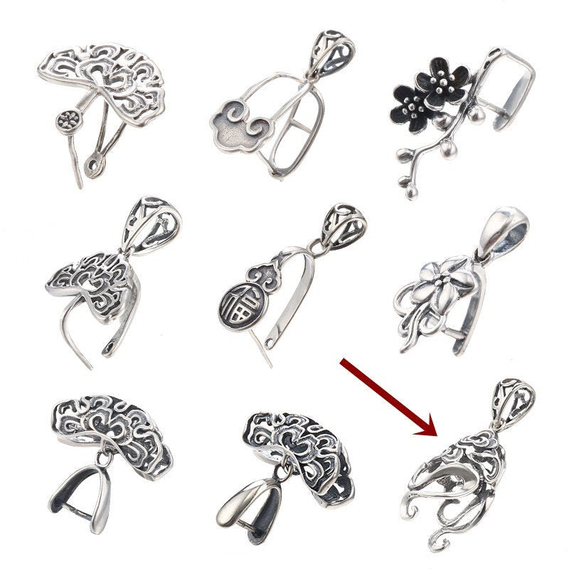 Ethnic Flower Buckle Clip Pendant Setting Sterling Silver Antique Fine 925 8.5x6.5 mm For One Stone Gemstone No Prongs DIY Jewelry Wholesale