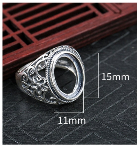 Ring Blank Setting 1pc Sterling Silver 925 Retro Flower Oval Adjustable Vintage Fine 11x15mm For One Stone Gemstone No Prongs Wholesale