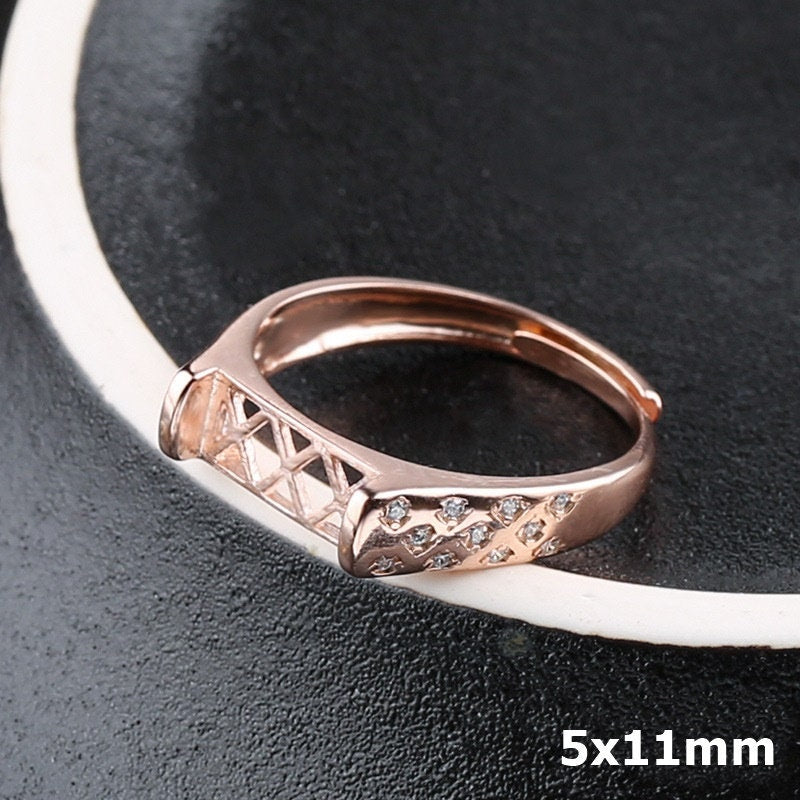 Ring Blank Setting 1pc Sterling Silver 925 Crystals Rectangle Base Rose Gold Fine 5x11mm For One Stone Adjustable No Prongs Wholesale