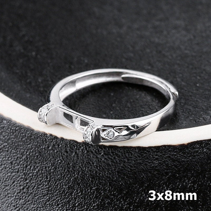 Ring Blank Setting 1pc Sterling Silver 925 Crystals Rectangle Base White Rose Gold Fine 3x8mm For One Stone Adjustable No Prongs Wholesale