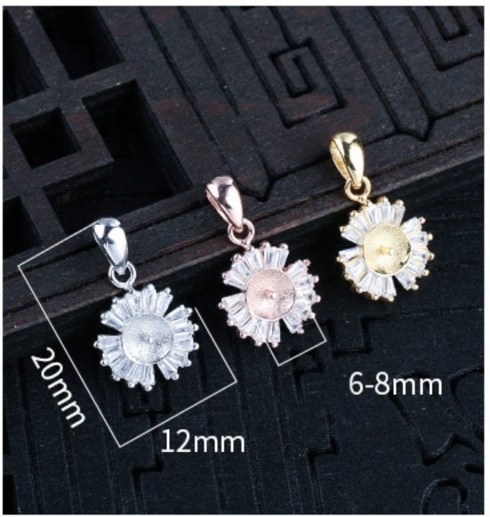 Crystals Flower Pin Base Pendant Setting Fine Sterling Silver White Rose Gold 925 6-8 mm For One Pearl Bead No Prongs DIY Jewelry Wholesale