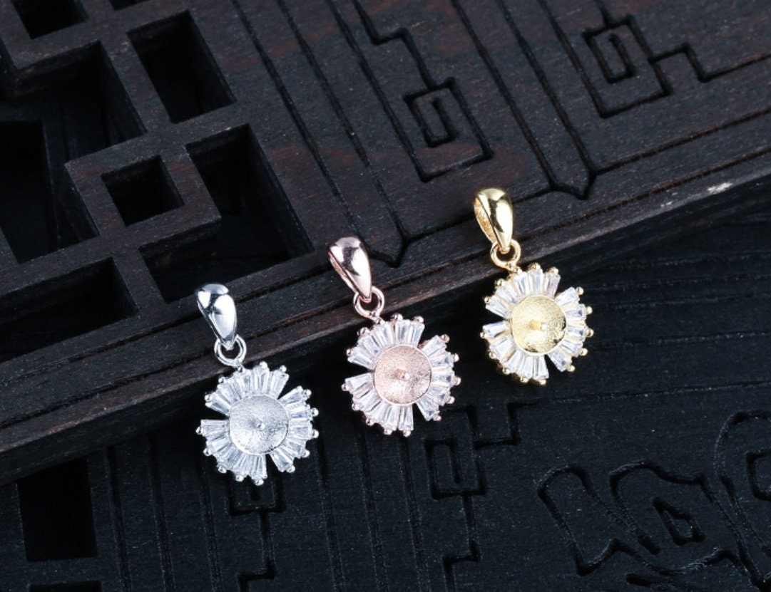 Crystals Flower Pin Base Pendant Setting Fine Sterling Silver White Rose Gold 925 6-8 mm For One Pearl Bead No Prongs DIY Jewelry Wholesale