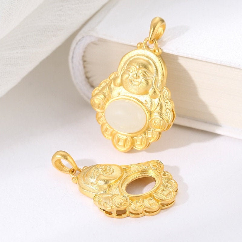 Buddhist Style Vintage Oval Base Pendant No Prongs Setting Sterling Silver Gold Fine 925 6x8 mm For One Stone Gemstone DIY Jewelry Wholesale