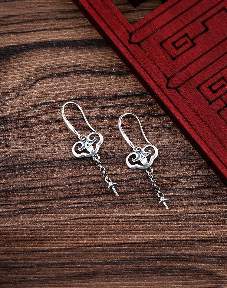 Ethnic Flowers Cup Pin Earrings Hook Setting Fine Sterling Silver Antique 925 6-12 mm For One Pearl Bead No Prongs DIY Jewelry Wholesale