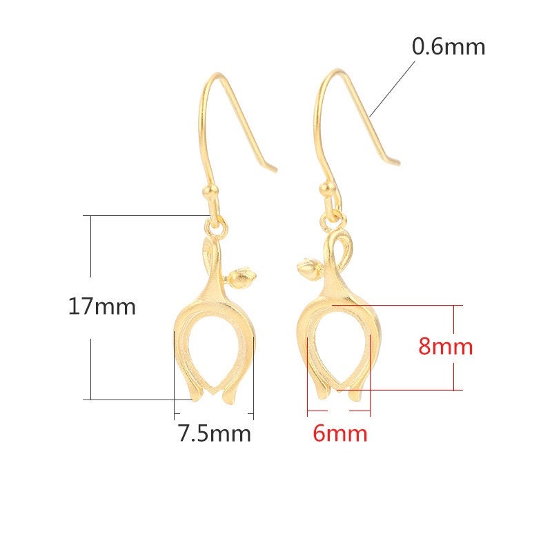 Tulip Flower Teardrop Earrings Hook Blank Setting Sterling Silver Gold Bezel Fine 925 6x8 mm For One Stone No Prongs DIY Jewelry Wholesale