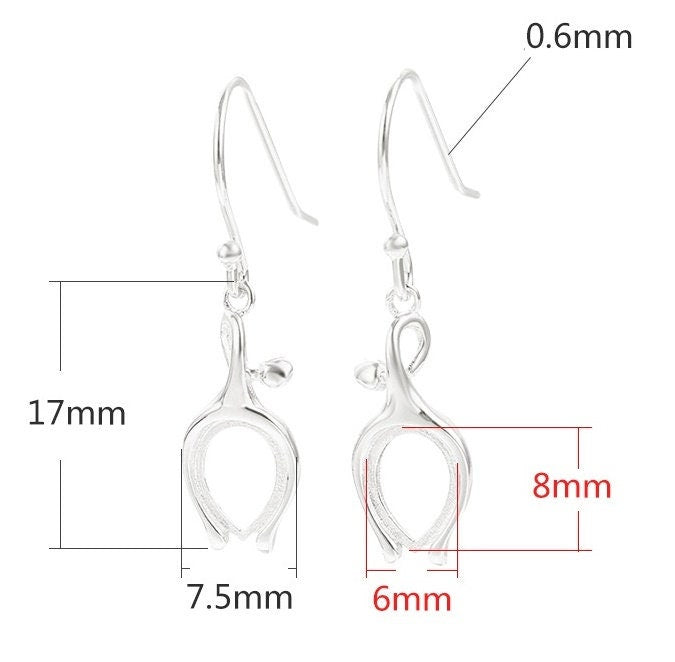 Tulip Flower Teardrop Earrings Hook Blank Setting Sterling Silver Gold Bezel Fine 925 6x8 mm For One Stone No Prongs DIY Jewelry Wholesale