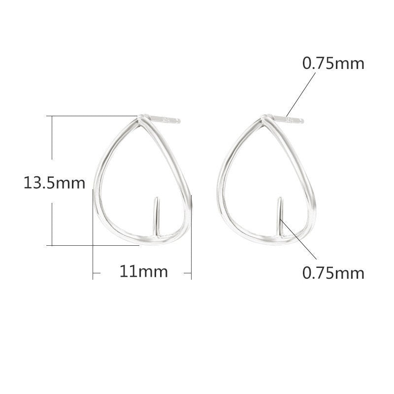 Teardrop Shape Pin Base Stud Earrings Setting Sterling Silver White Gold Fine 925 6-8mm For One Bead Pearl No Prongs DIY Jewelry Wholesale