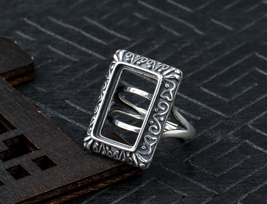 Ring Blank Setting 1pc 925 Sterling Silver Vintage Rectangle Base Bezel 11x17mm For One Stone Cabochon Adjustable No Prongs Wholesale