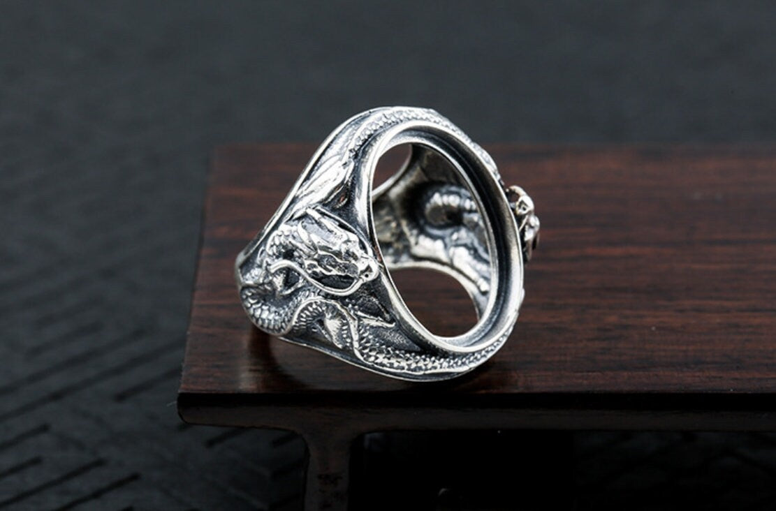 Ring Blank Setting 1pc Sterling Silver 925 Retro Dragon Oval Base Fine 16x21mm For One Stone Gemstone Adjustable No Prongs Wholesale