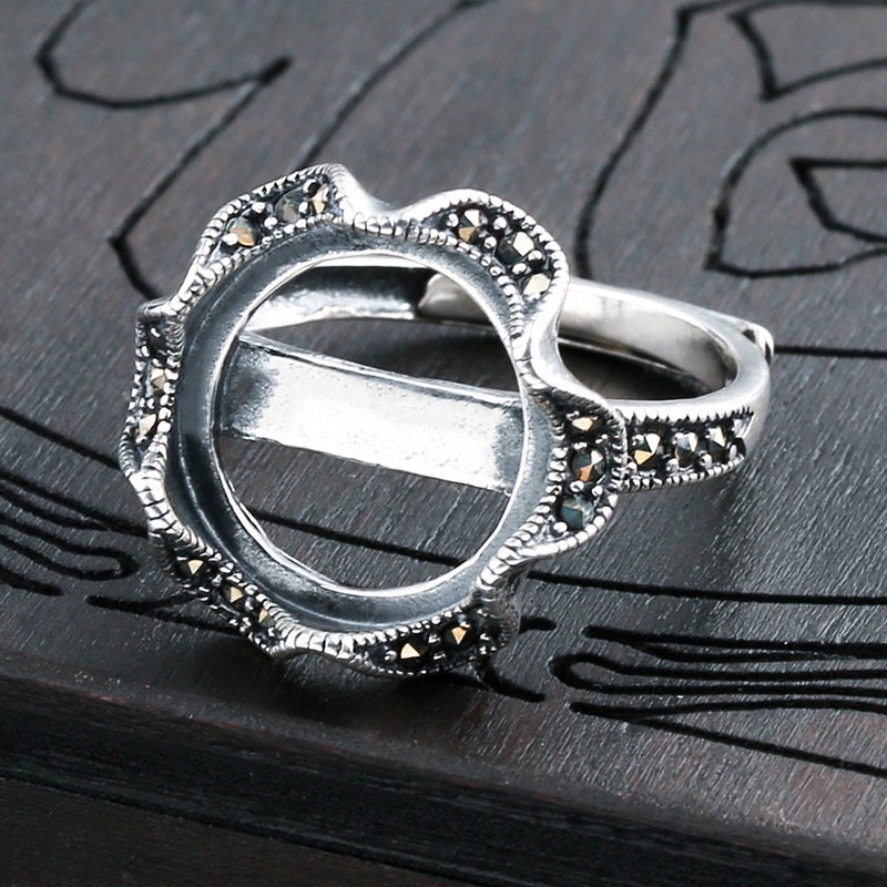 Ring Blank Setting 1pc Sterling Silver 925 Vintage Flower Round Base Tray Bulk Fine 13.5x14mm For One Stone Adjustable No Prongs Wholesale