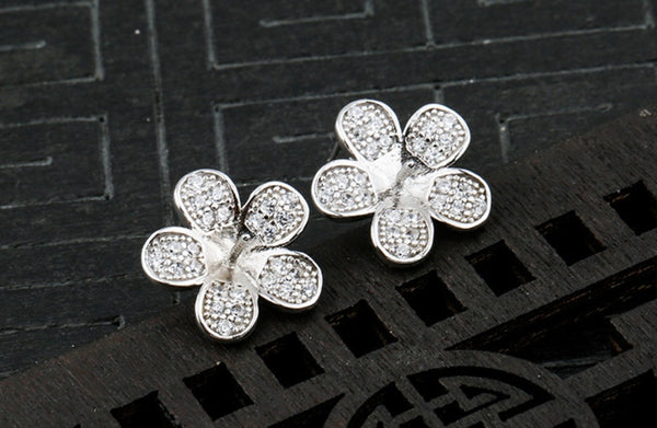 Vinyage Flower Pin Cup Base Earrings Stud Setting Sterling Silver White Gold Fine 925 6-8mm For One Pearl No Prongs DIY Jewelry Wholesale