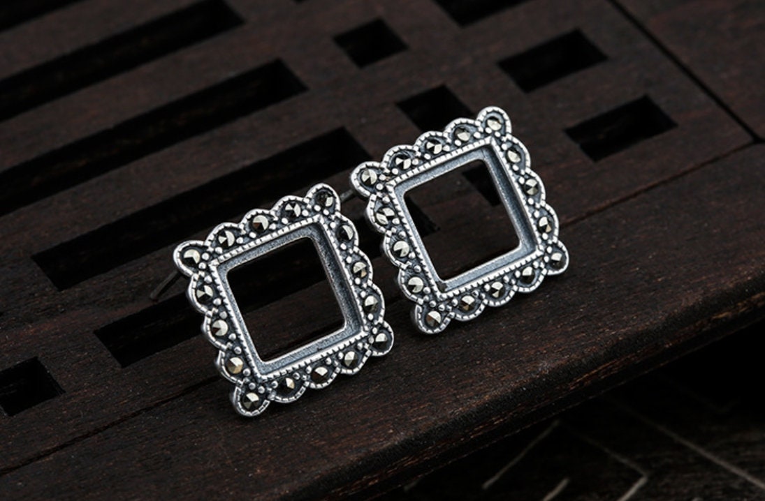 Vintage Square Base Stud Earrings Setting Sterling Silver Fine 925 9x9 mm For One Stone Gemstone No Prongs DIY Jewelry Wholesale