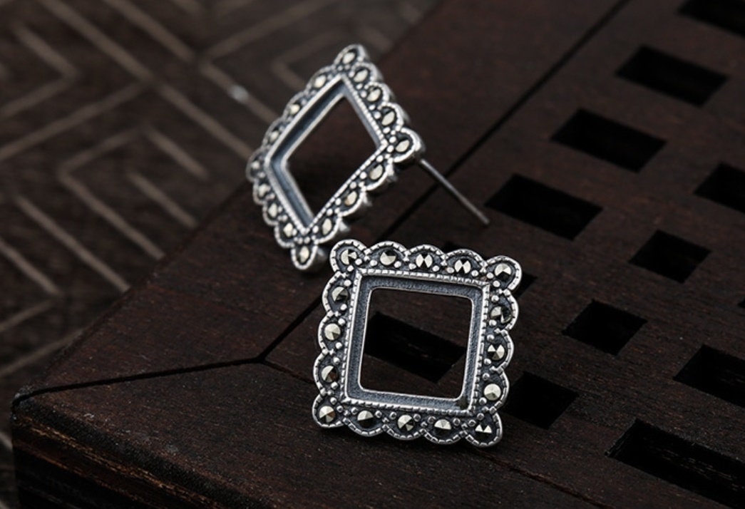 Vintage Square Base Stud Earrings Setting Sterling Silver Fine 925 9x9 mm For One Stone Gemstone No Prongs DIY Jewelry Wholesale