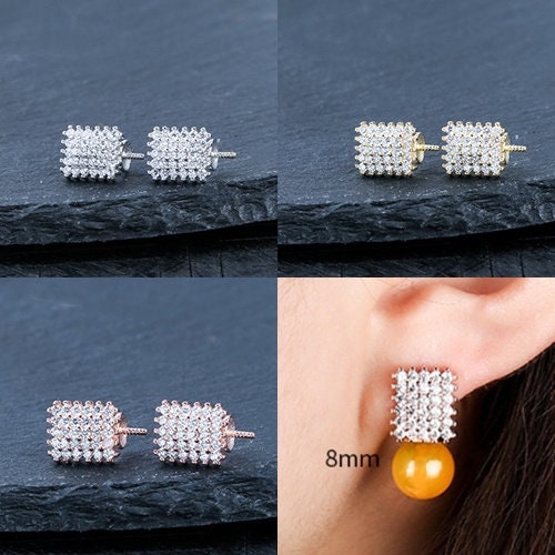 Crystals Rectangle Pin Cup Earrings Stud Setting Sterling Silver Gold Fine 925 6-10mm For One Pearl Bead No Prongs DIY Jewelry Wholesale