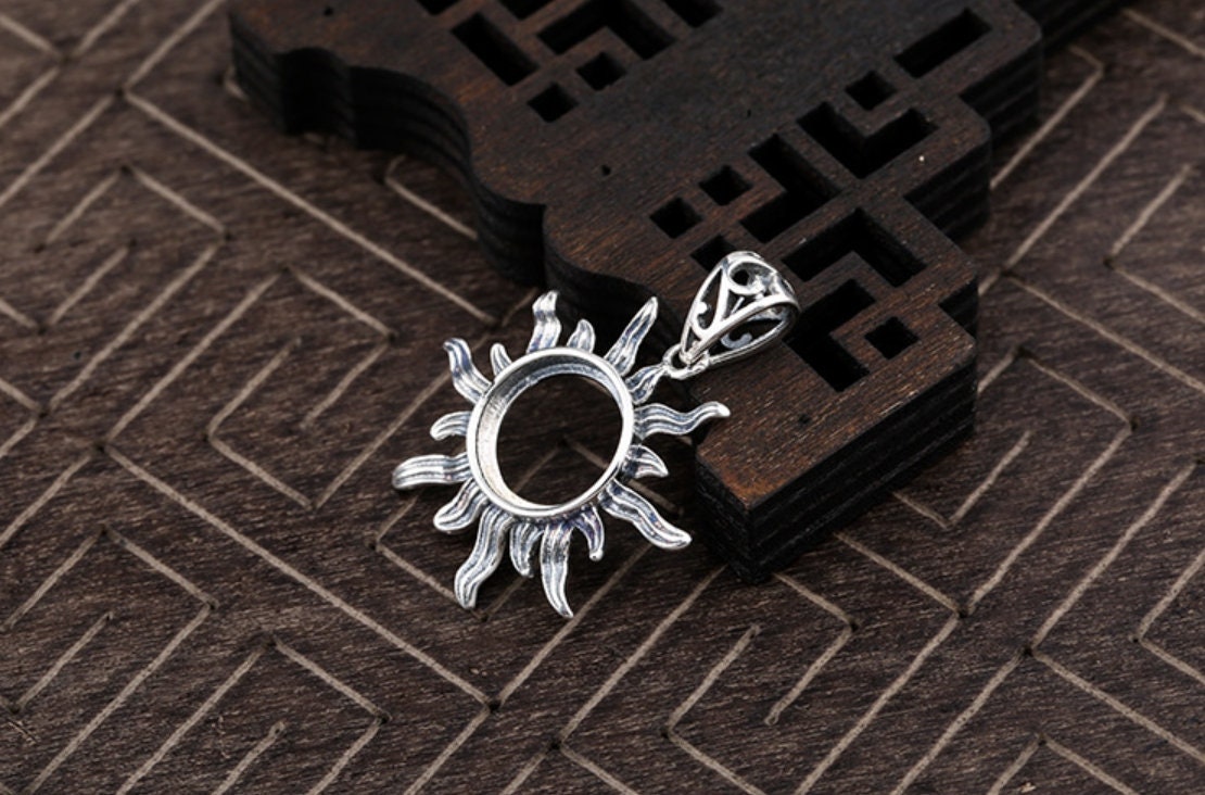 Vintage Sun Flower Round Base Pendant Setting Tray Bezel 925 Sterling Silver Fine 10-15 mm For One Stone Cabochon DIY Jewelry Wholesale