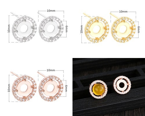 Crystals Round Base Stud Earrings Setting Wholesale Sterling Silver Rose Gold Fine 925 6 mm For One Stone Gemstone Four Prongs DIY Jewelry