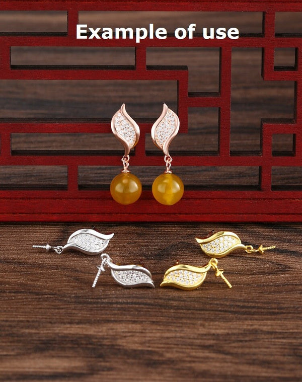 Crystals Leaf Cup Pin Stud Earrings Setting Bezel Sterling Silver Gold Fine 925 5-10 mm For One Pearl Bead No Prongs DIY Jewelry Wholesale