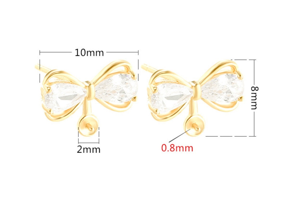 Crystals Bow-Knot Pin Stud Earrings No Prongs Setting Sterling Silver Gold Fine 925 8x10 mm For One Pearl Adjustable DIY Jewelry Wholesale