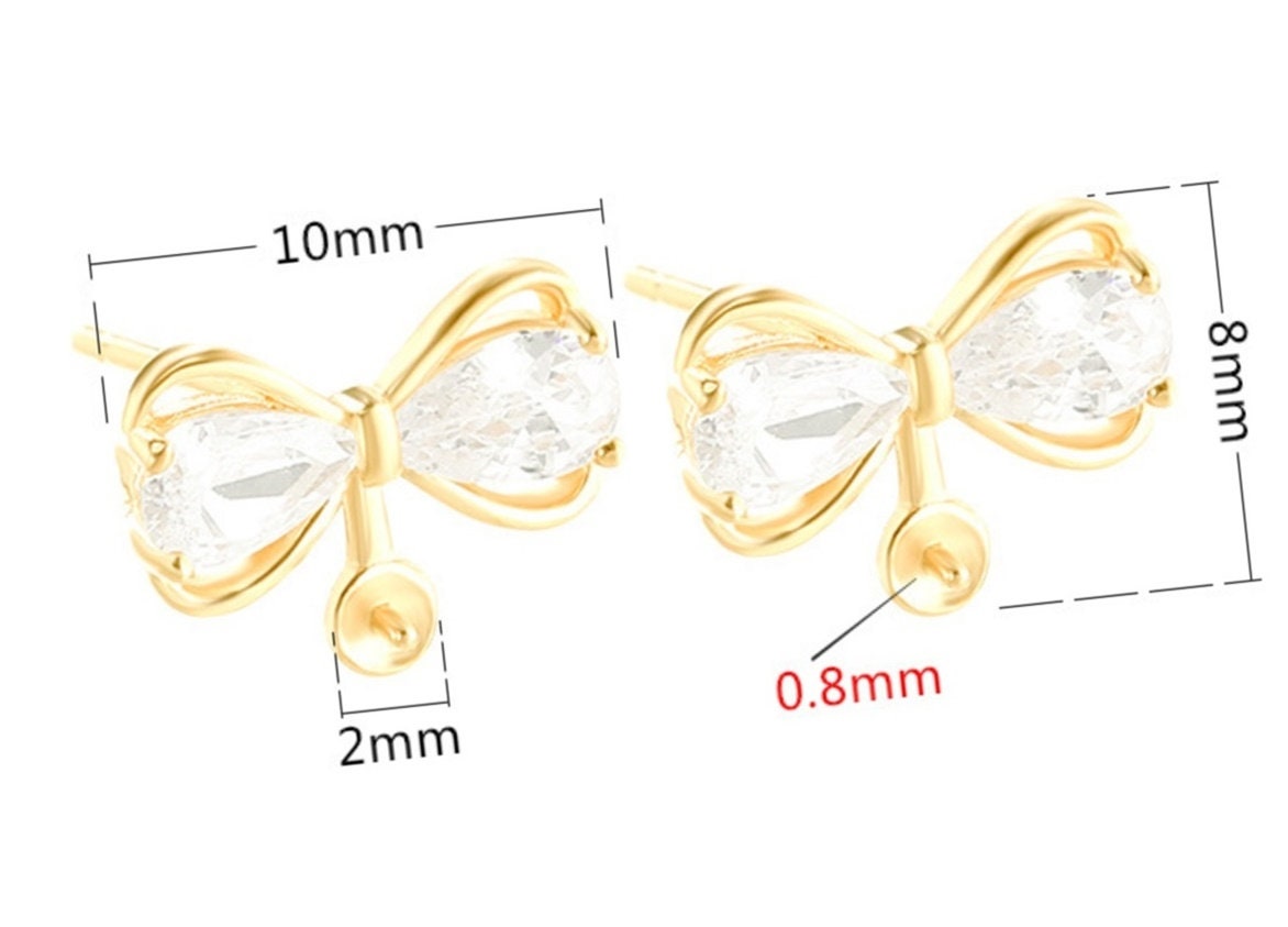 Crystals Bow-Knot Pin Stud Earrings No Prongs Setting Sterling Silver Gold Fine 925 8x10 mm For One Pearl Adjustable DIY Jewelry Wholesale