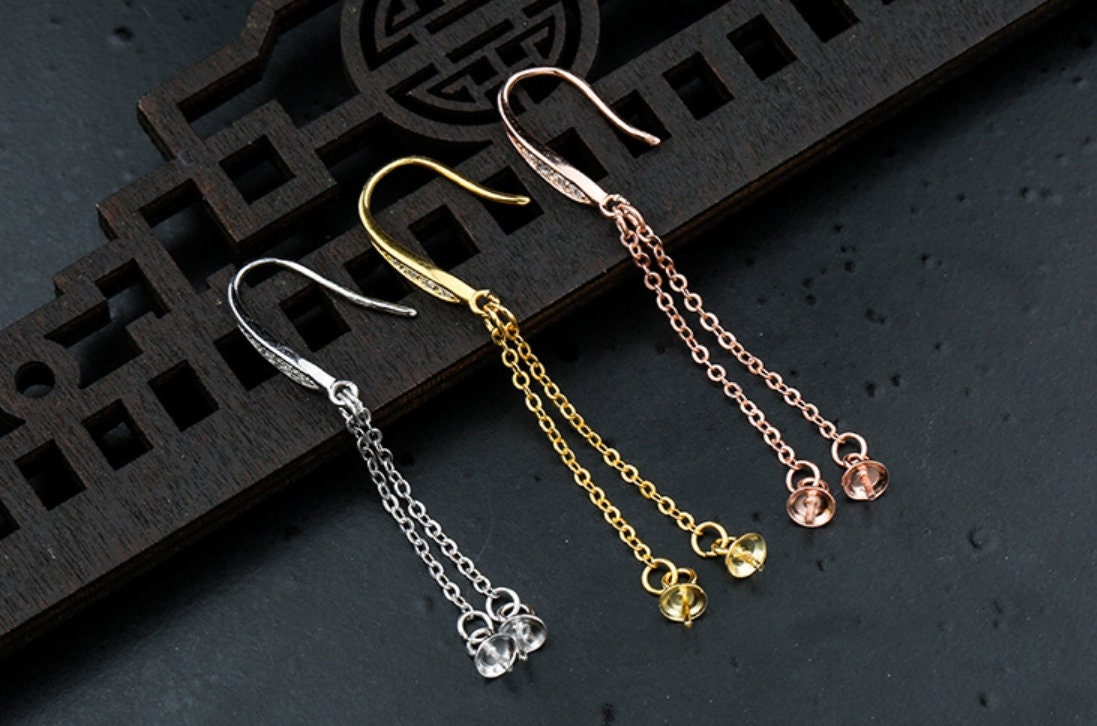 Double Chain Cup Pin Base Earrings Hook Setting Sterling Silver Fine 925 8-10mm For One Or Two Stones Beads No Prongs DIY Jewelry Wholesale