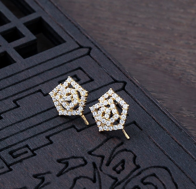 Crystals Rose Flower Pin Cup Earrings Stud Setting Sterling Silver Gold Fine 925 6-10mm For One Pearl Bead No Prongs DIY Jewelry Wholesale