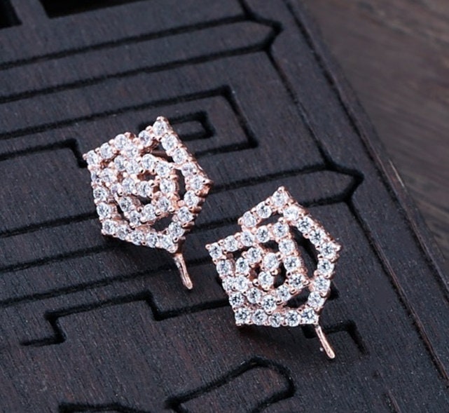 Crystals Rose Flower Pin Cup Earrings Stud Setting Sterling Silver Gold Fine 925 6-10mm For One Pearl Bead No Prongs DIY Jewelry Wholesale